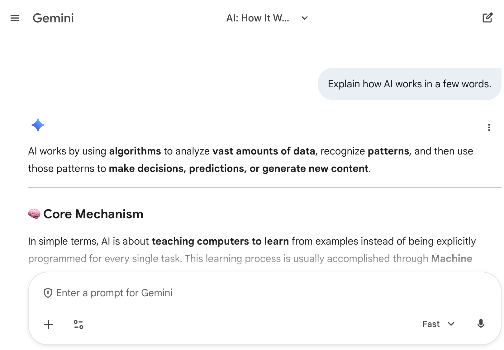 A screenshot of a Google Gemini chat prompt. Prompt is 'Explain how AI works in a few words.'. Response from Gemini chat is long but gets at the idea.